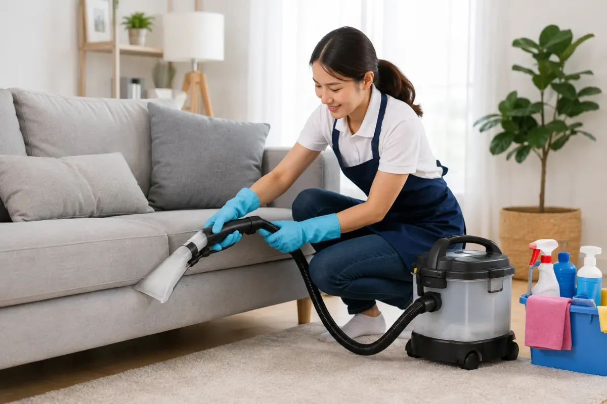 แม่บ้าน CleanDay สวมผ้ากันเปื้อนและถุงมือ กำลังดูดฝุ่นโซฟาในห้องนั่งเล่น