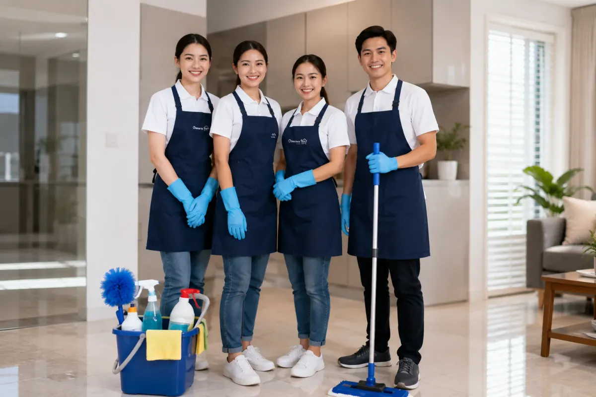 ทีมงาน CleanDay สี่คนในชุดยูนิฟอร์ม พร้อมอุปกรณ์ทำความสะอาดครบชุด